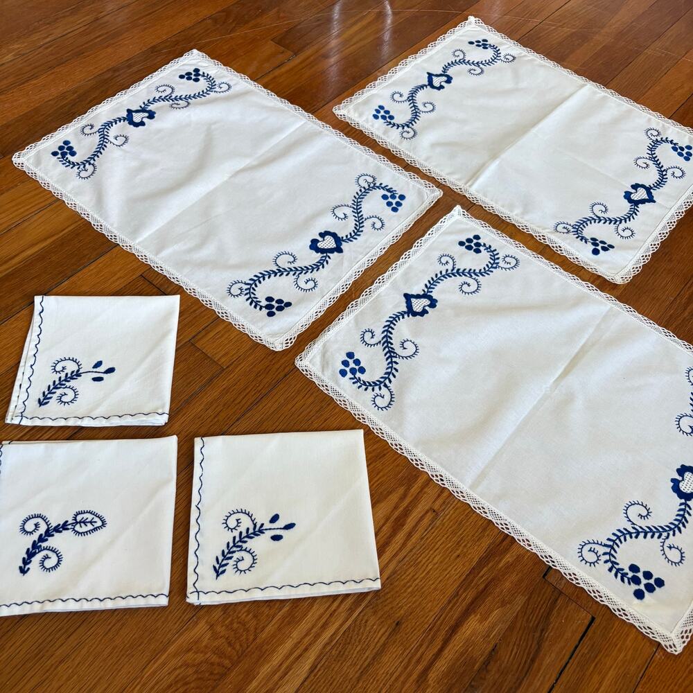 Vintage Portugal White Cotton Placemats Napkins Set Blue Embroidery
